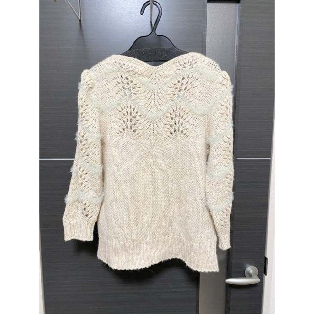 Merlette Ivory Pointelle Scalloped Chevron Knit Sweater Puff Sleeve Cream Boho - Picture 4 of 11